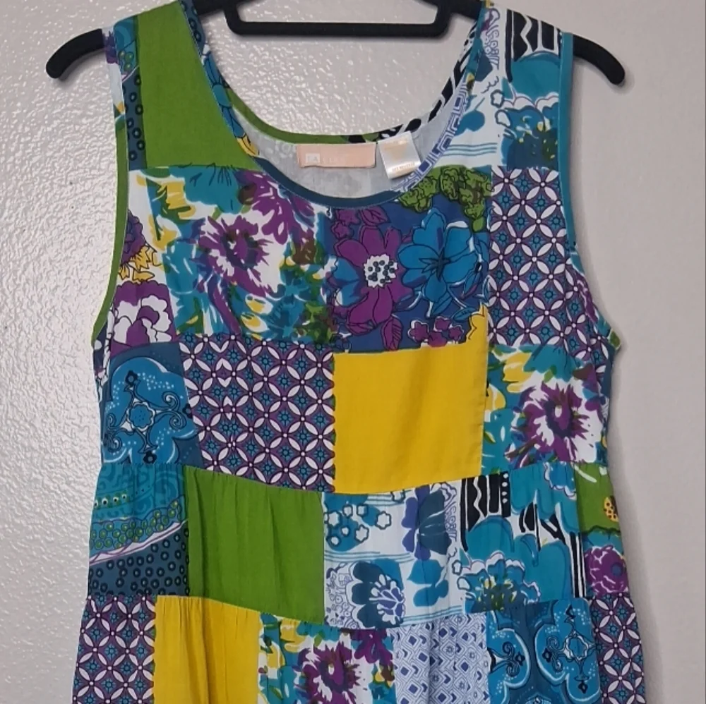La Cera Patchwork Floral Shift Dress Boho Festival Cotton Summer Resortwear Sz S